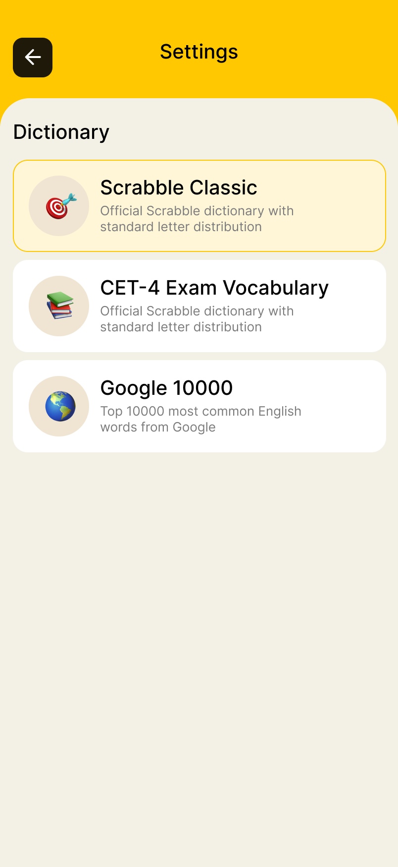 Scrabble Words Settings